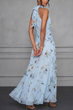 Floral Halter Ruched Maxi Dress