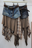 Plaid Asymmetrical Denim Waist Midi Skirt