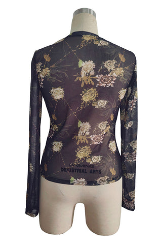 Sheer Floral Mock Neck Long Sleeve Top