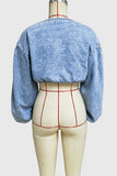 Lace-Up Puff Sleeve Denim Jacket