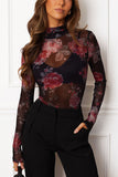 Sheer Floral Mock Neck Long Sleeve Blouse