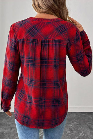 Plaid V-Neck Button-Front Long Sleeve Shirt