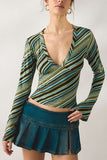 Striped V-Neck Wrap Bell Sleeve Blouse