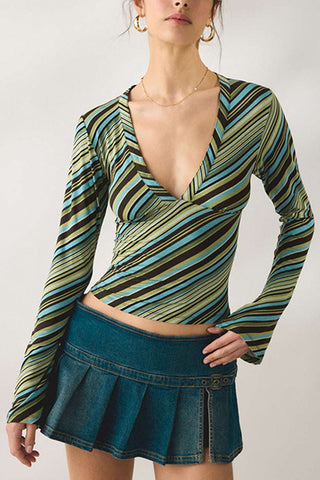 Striped V-Neck Wrap Bell Sleeve Blouse
