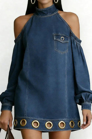 Cold Shoulder Mock Neck Grommet Denim Dress