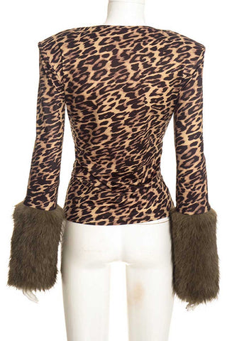Fur Cuff Leopard Print Henley Crop Top