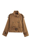 Double-Breasted Belted Stand Collar Coat