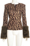 Fur Cuff Leopard Print Henley Crop Top