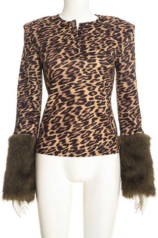 Fur Cuff Leopard Print Henley Crop Top
