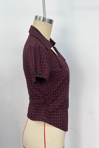 Plaid Puff Sleeve V-Neck Shirt