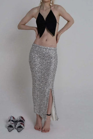 Sequin High-Waist Slit Midi Skirt