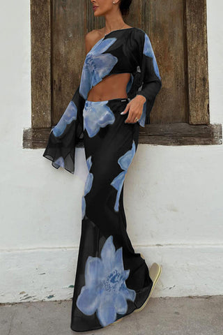 Sheer Floral Off-Shoulder Maxi Skirt Set