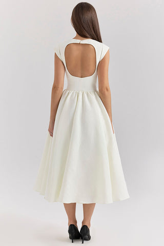 Boat Neck Cap Sleeve Fit and Flare Midi Dress