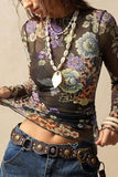 Sheer Floral Mock Neck Long Sleeve Top