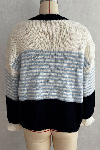 Striped Button-Front Ruffle Cuff Cardigan
