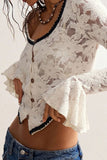 Lace Ruffle Sleeve Button-Front Blouse