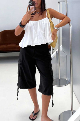 Cargo Pocket Drawstring Hem Capri Jeans