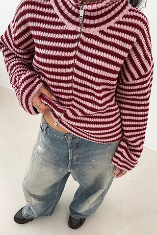 Striped Zip-Up Mock Neck Cardigan