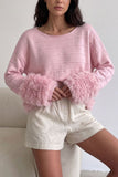 Fuzzy Cuff Boat Neck Stripe Knit Sweater