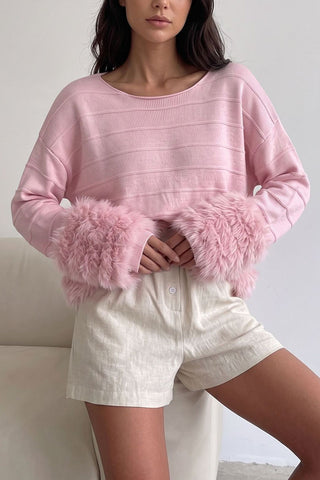 Fuzzy Cuff Boat Neck Stripe Knit Sweater