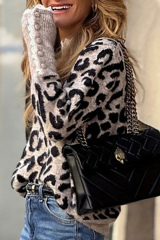 Leopard Print Lace Trim Knit Sweater