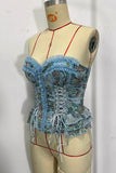 Ruffle Trim Paisley Lace-Up Corset Top