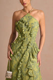 Floral Ruffle Halter Pleated Evening Dress