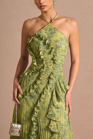 Floral Ruffle Halter Pleated Evening Dress