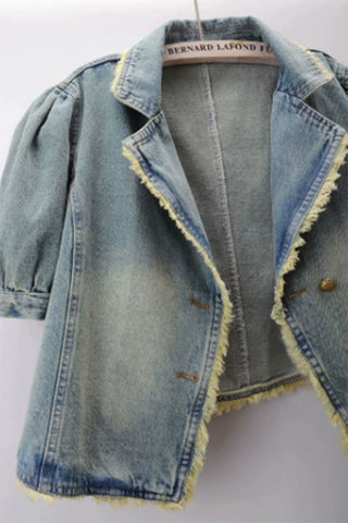 Raw Hem Puff Sleeve Denim Jacket