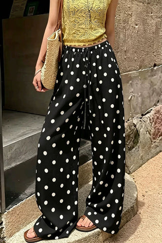 Polka Dot Drawstring Wide-Leg Casual Pants