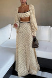 Polka Dot Long Sleeve Square Neck Skirt Set