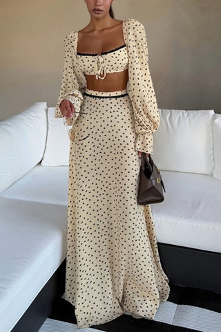 Polka Dot Long Sleeve Square Neck Skirt Set