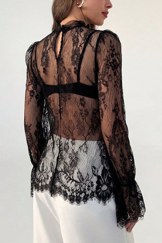 Sheer Floral Lace Mock Neck Bell Sleeve Blouse