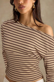 Ribbed One-Shoulder Striped Long Sleeve Top