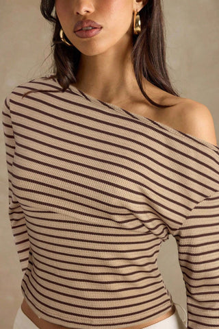Ribbed One-Shoulder Striped Long Sleeve Top