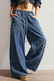 Floral Applique Drawstring Wide Leg Baggy Jeans