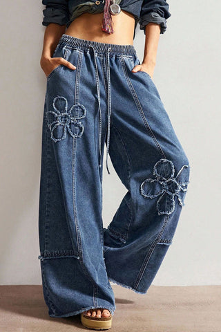 Floral Applique Drawstring Wide Leg Baggy Jeans