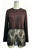 Sheer Lace Hem Long Sleeve Crew Neck Top