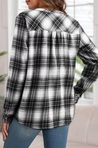 Plaid V-Neck Button-Front Long Sleeve Shirt
