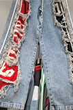 Distressed Side-Stripe Drawstring Straight Jeans