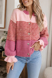 Striped Button-Front Ruffle Cuff Cardigan