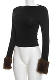 Faux Fur Cuff Long Sleeve Crop Top