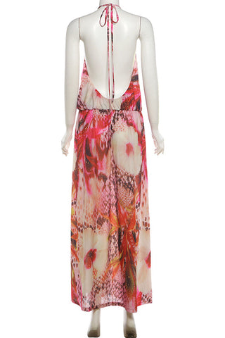 Abstract Print Halter Maxi Dress
