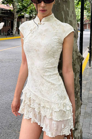 Lace Mandarin Collar Cap Sleeve Mini Dress
