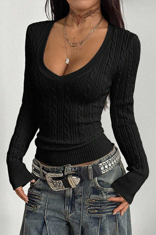 Cable Knit V-Neck Long Sleeve Sweater