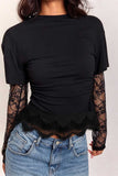 Sheer Lace Sleeve Ruched Crew Neck Top