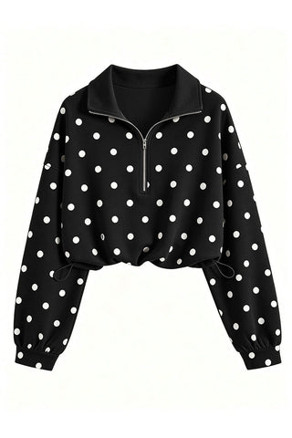 Polka Dot Half-Zip Crop Sweatshirt