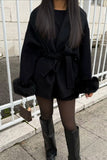 Faux Fur Cuff Wrap Belted Coat