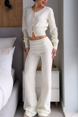 Ribbed Button-Front Crop Top and Pants Set