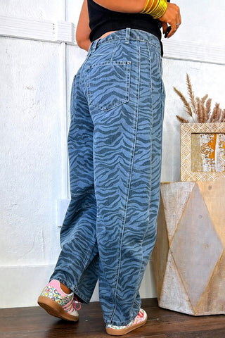Zebra Print High-Waist Barrel Jeans